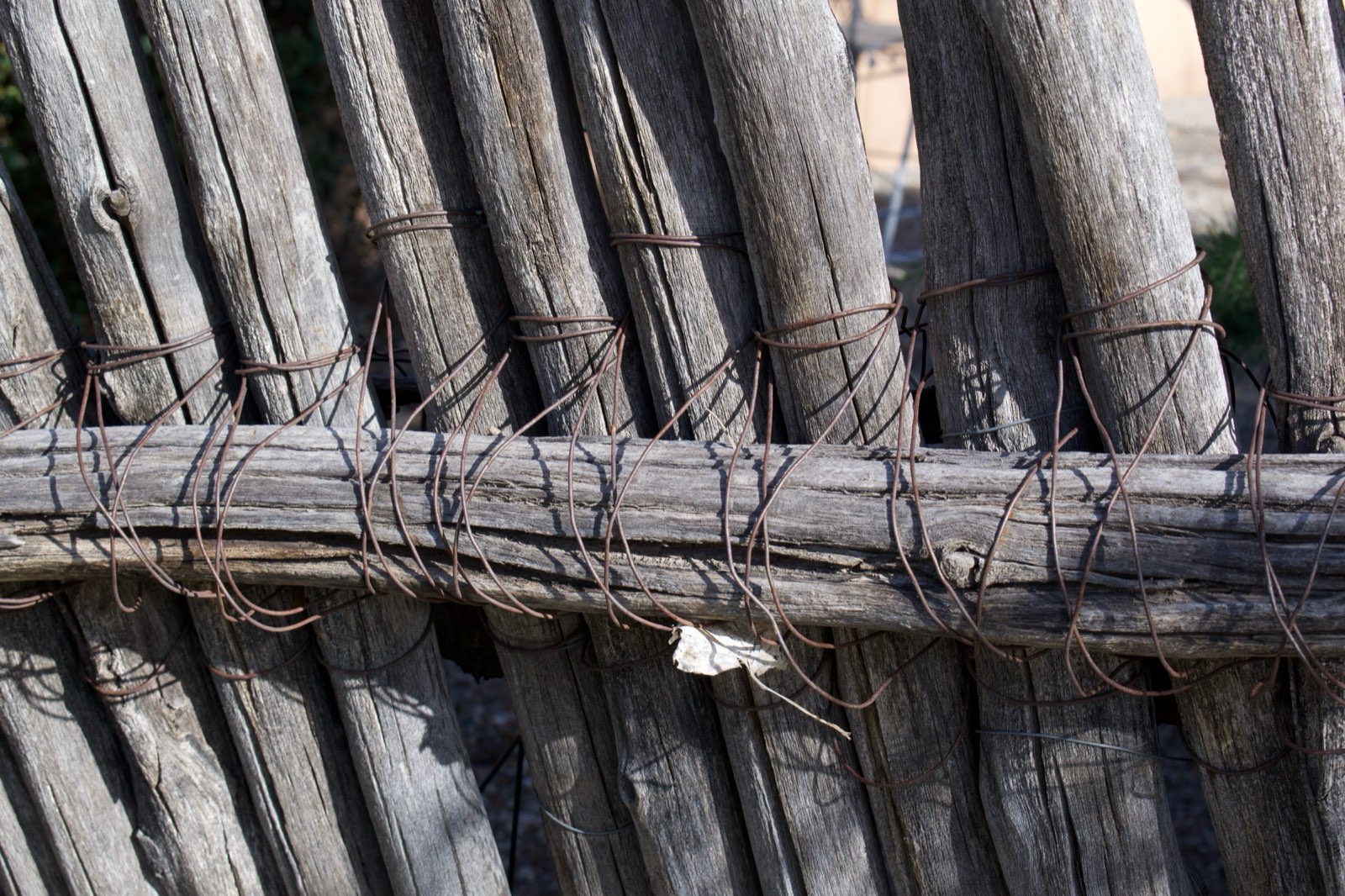 Weathered wooden poles of a rustic fence.