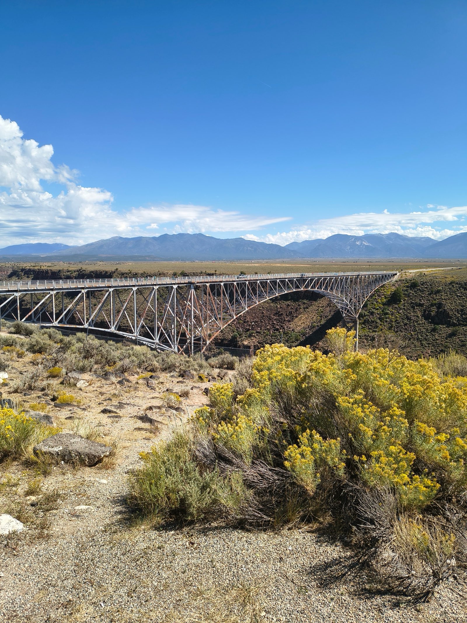 A steel bridge spanning a desert gorge, with mountains in the distance.